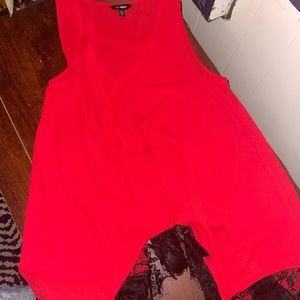 red dressy v neck w black lace trim